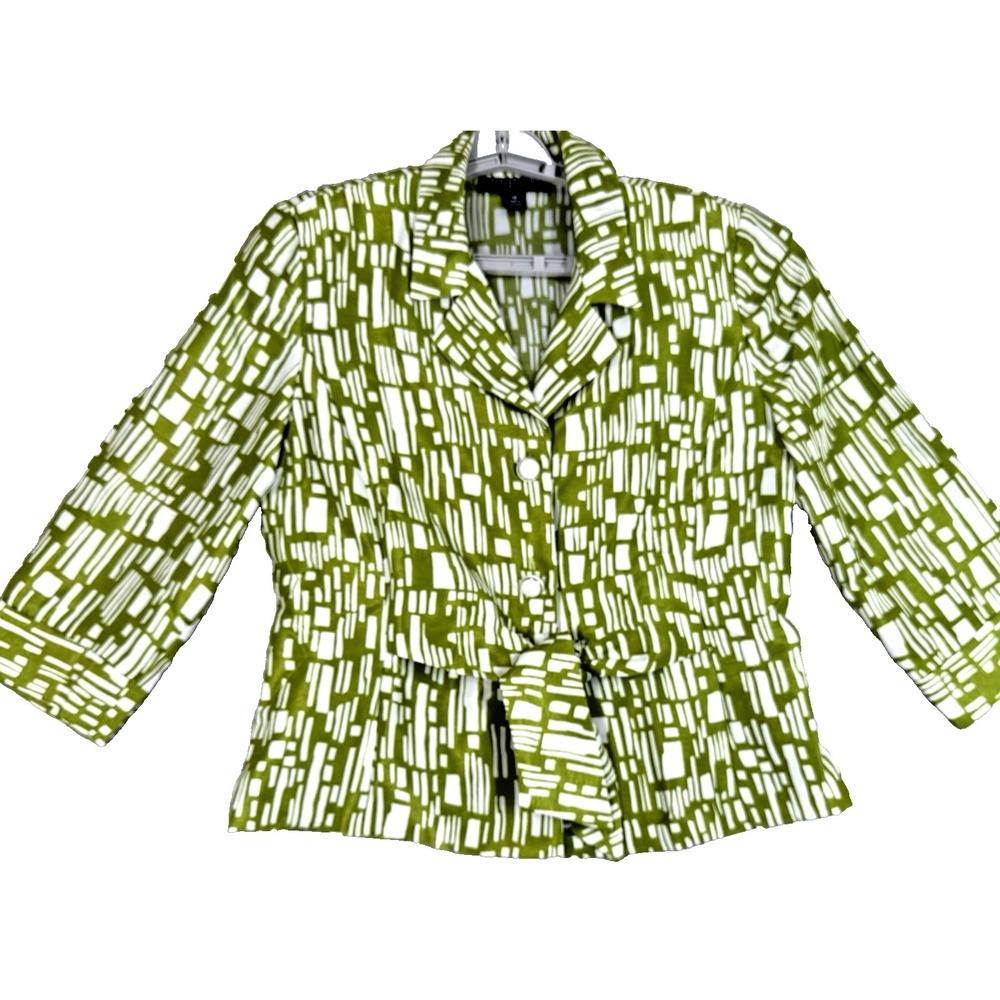Perceptions New York Front Tie Blouse 12 Green Geo Peplum Office Tailored Y2K